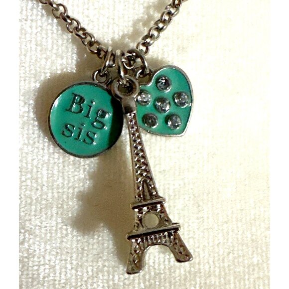 Big Sis Gift Eiffel Tower Pendant Necklace Paris France Heart Silver Chain - Picture 1 of 8